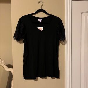 LuLaRoe Black V-Neck Top with Lace Short Sleeves